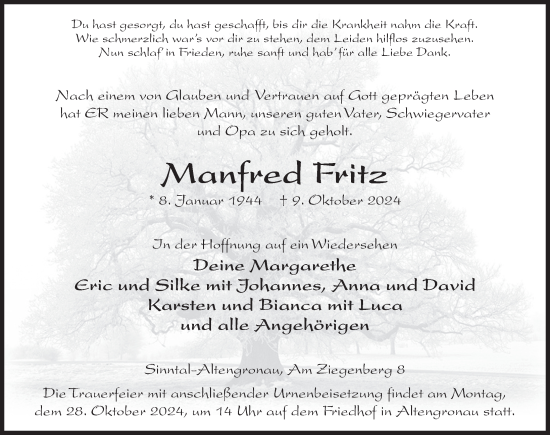 Traueranzeige von Manfred Fritz von FZ