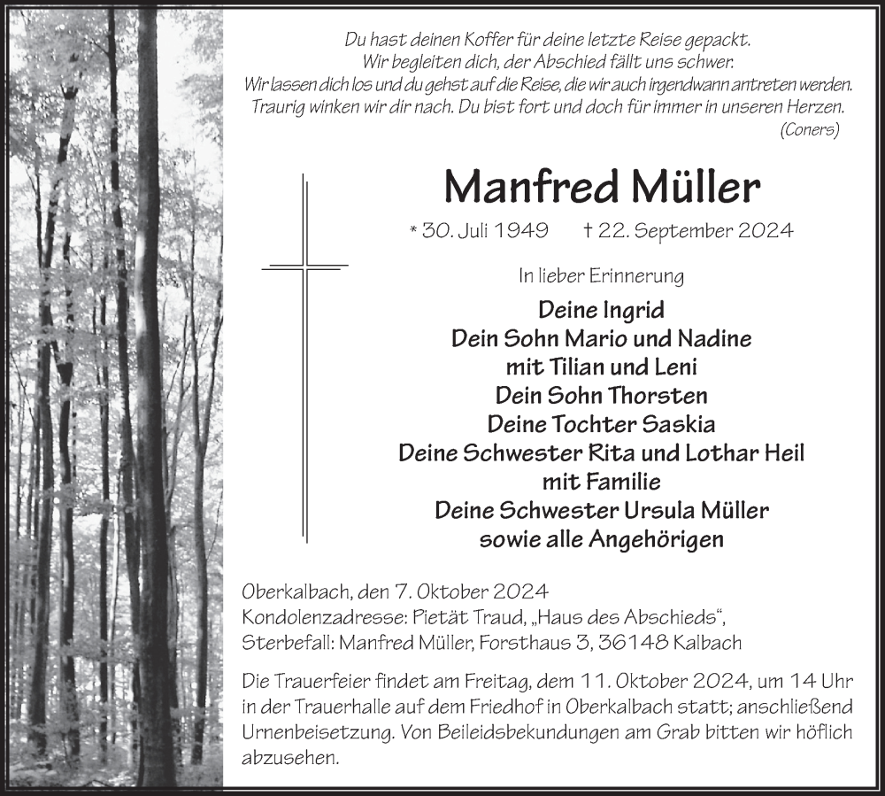  Traueranzeige für Manfred Müller vom 07.10.2024 aus FZ