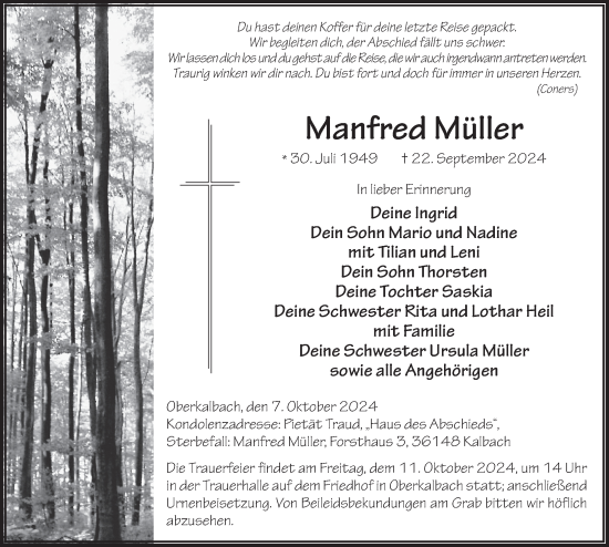 Traueranzeige von Manfred Müller von FZ