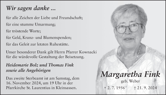Traueranzeige von Margaretha Fink von FZ