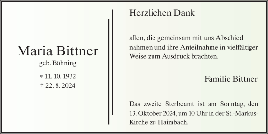Traueranzeige von Maria Bittner von FZ