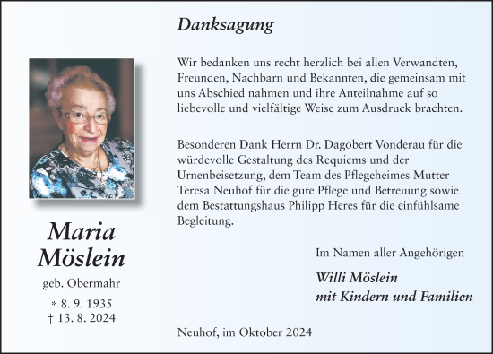 Traueranzeige von Maria Möslein von FZ
