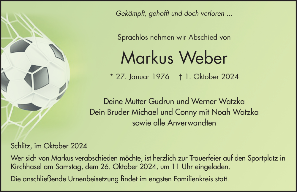  Traueranzeige für Markus Weber vom 19.10.2024 aus FZ