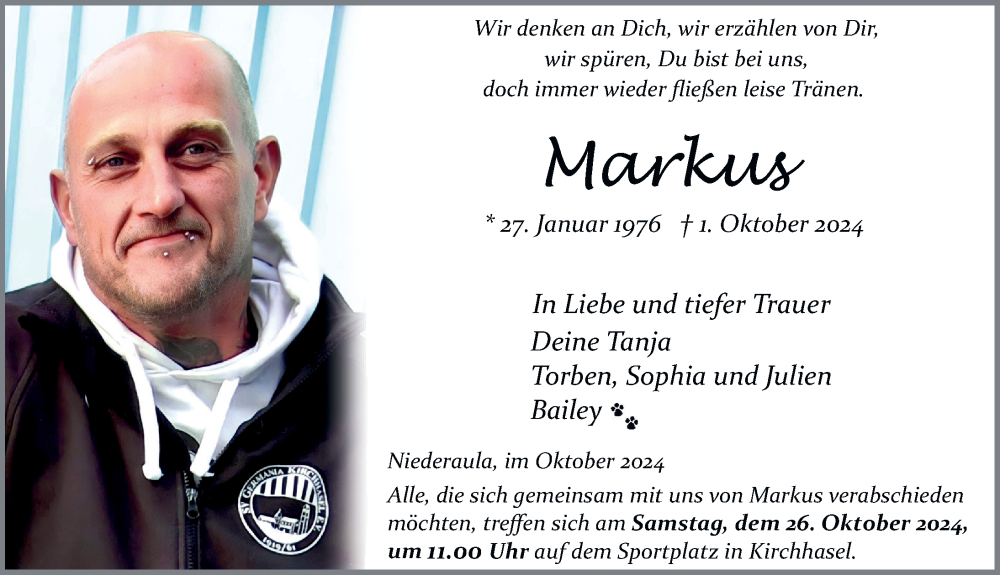  Traueranzeige für Markus Weber vom 19.10.2024 aus FZ