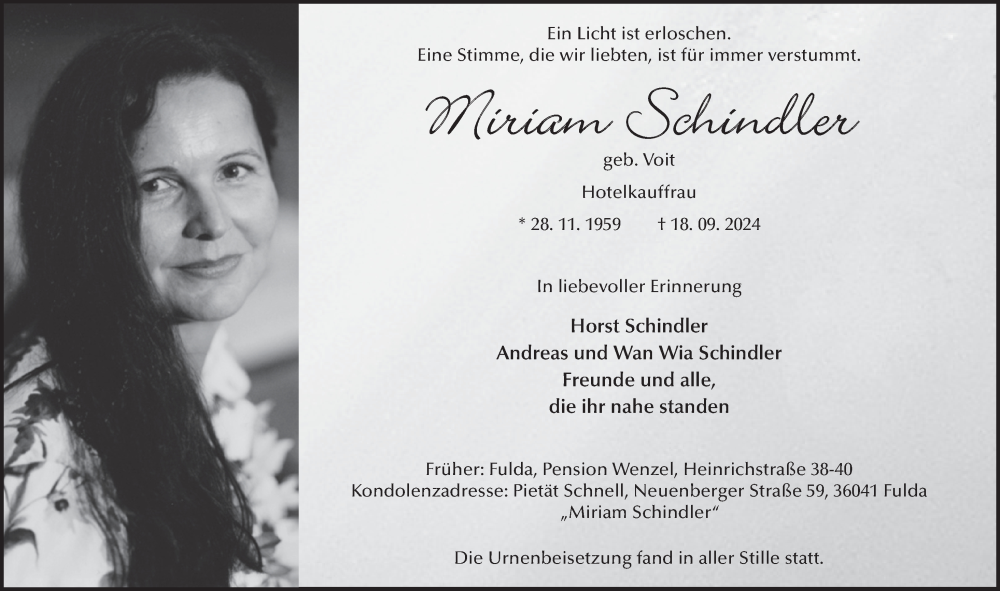  Traueranzeige für Miriam Schindler vom 26.10.2024 aus FZ