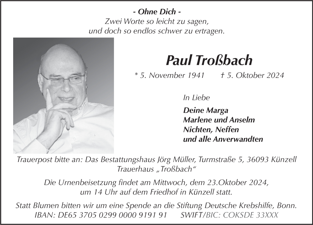  Traueranzeige für Paul Troßbach vom 19.10.2024 aus FZ