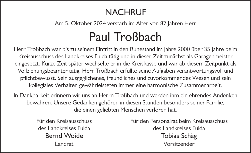  Traueranzeige für Paul Troßbach vom 19.10.2024 aus FZ