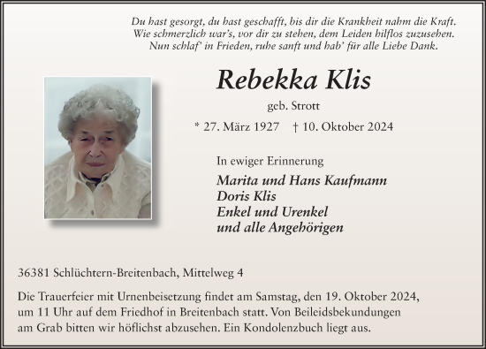 Traueranzeige von Rebekka Klis von FZ
