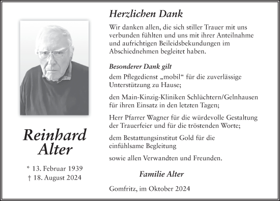 Traueranzeige von Reinhard Alter von FZ