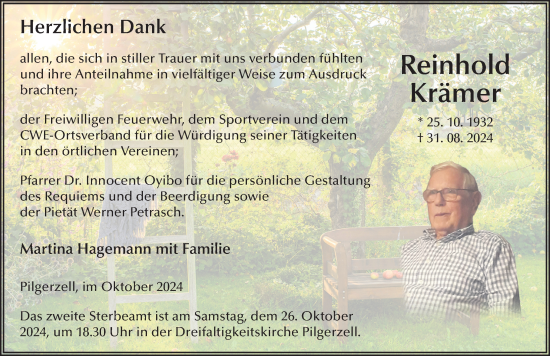 Traueranzeige von Reinhold Krämer von FZ