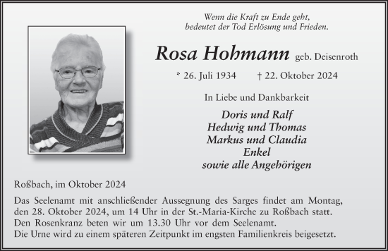 Traueranzeige von Rosa Hohmann von FZ