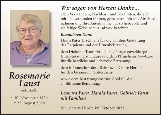 Traueranzeige von Rosemarie Faust von FZ