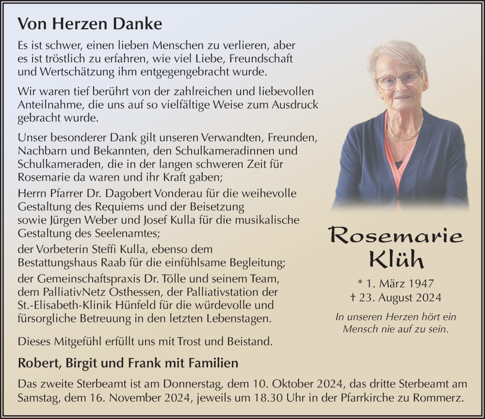  Traueranzeige für Rosemarie Klüh vom 07.10.2024 aus FZ