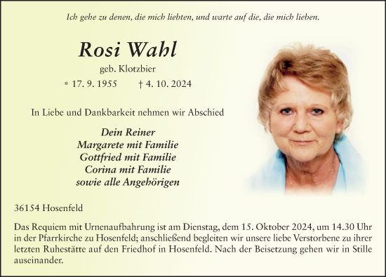 Traueranzeige von Rosi Wahl von FZ