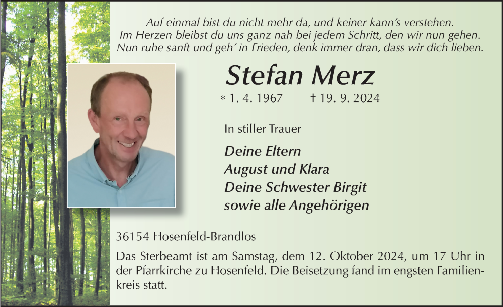  Traueranzeige für Stefan Merz vom 10.10.2024 aus FZ