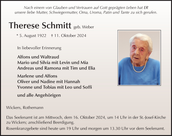 Traueranzeige von Therese Schmitt von FZ