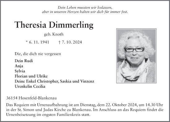 Traueranzeige von Theresia Dimmerling von FZ