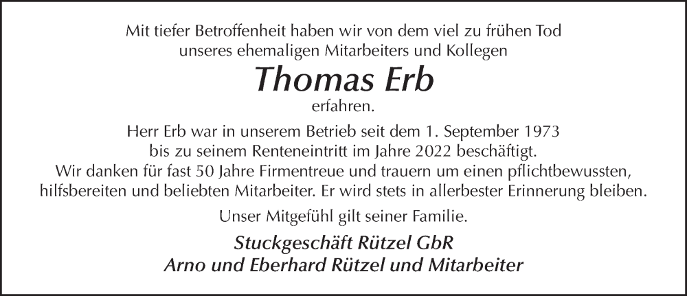 Traueranzeige für Thomas Erb vom 08.10.2024 aus FZ