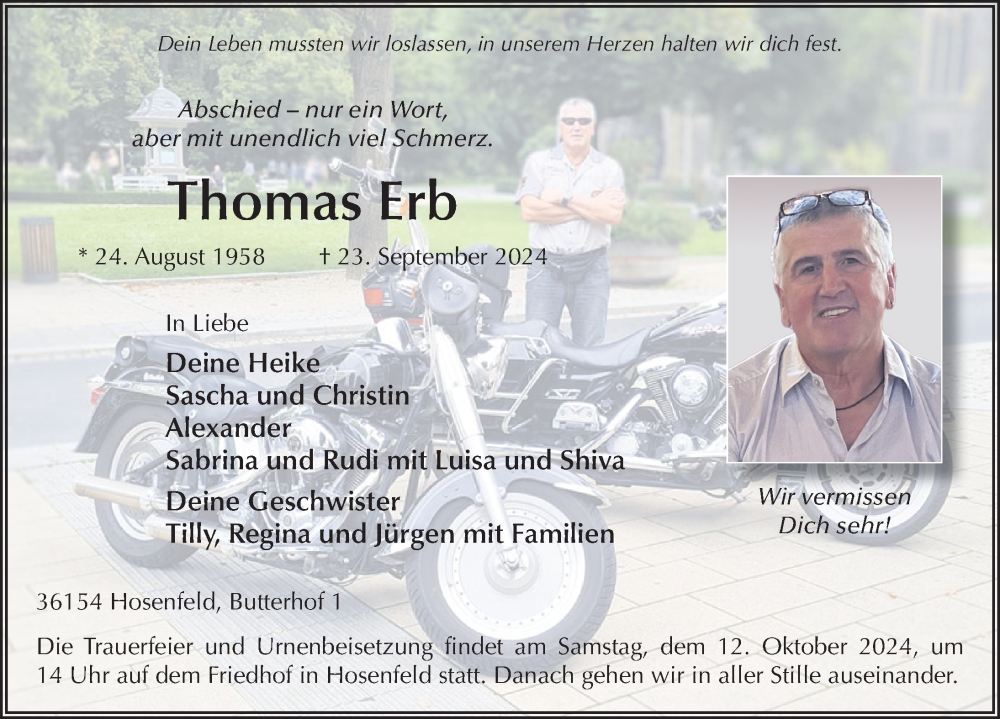  Traueranzeige für Thomas Erb vom 08.10.2024 aus FZ