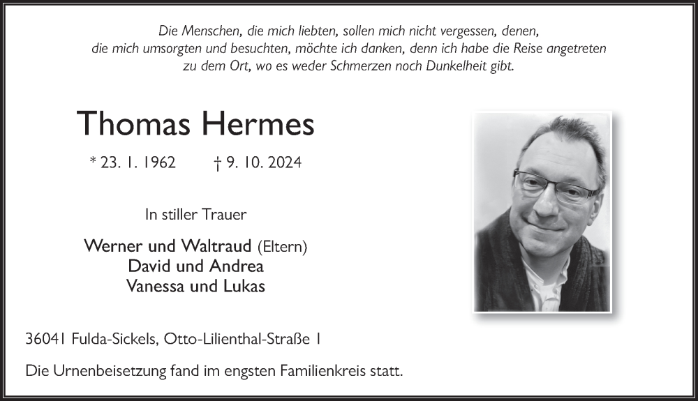  Traueranzeige für Thomas Hermes vom 26.10.2024 aus FZ