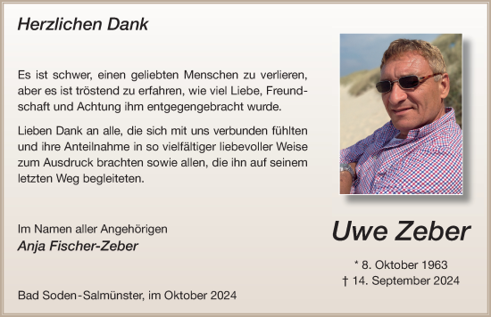 Traueranzeige von Uwe Zeber von FZ