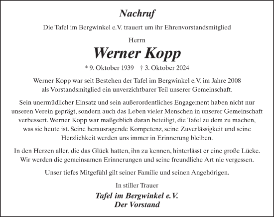 Traueranzeige von Werner Kopp von FZ