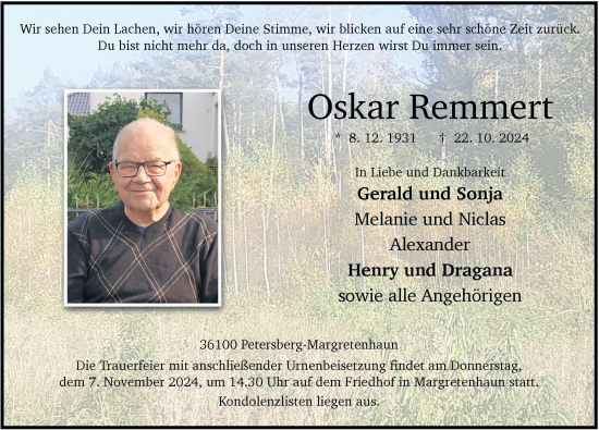 Traueranzeige von Oskar Remmert von FZ