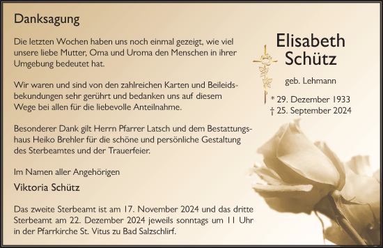 Traueranzeige von Elisabeth Schütz von FZ