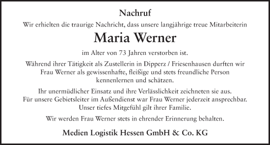 Traueranzeige von Maria Werner von FZ