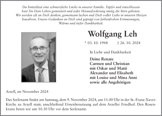 Traueranzeige von Wolfgang Leh von fz