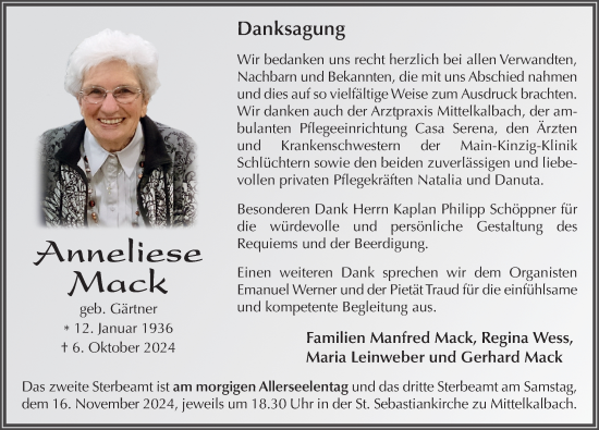 Traueranzeige von Anneliese Mack von FZ