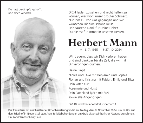 Traueranzeige von Herbert Mann von FZ