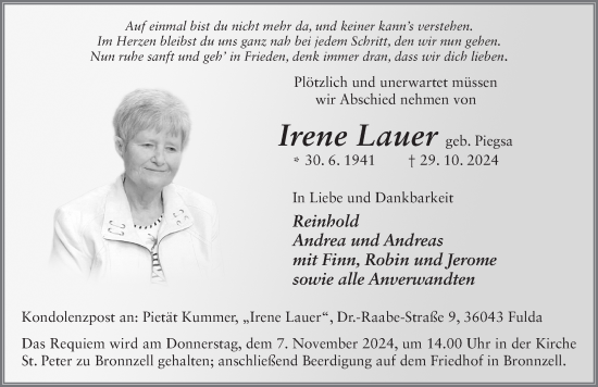 Traueranzeige von Irene Lauer von FZ
