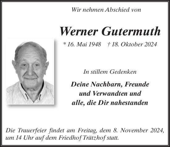 Traueranzeige von Werner Gutermuth von FZ