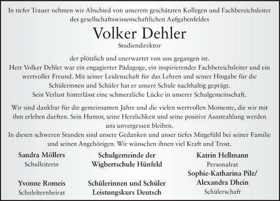 Traueranzeige von Volker Dehler von FZ