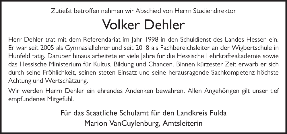  Traueranzeige für Volker Dehler vom 02.11.2024 aus FZ