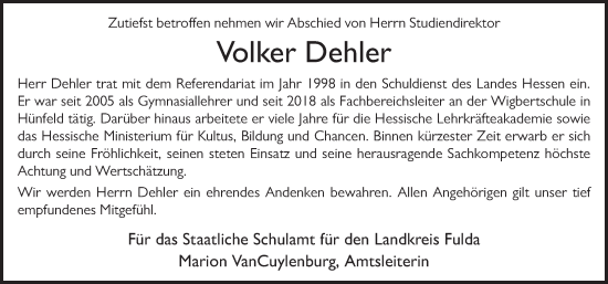 Traueranzeige von Volker Dehler von FZ