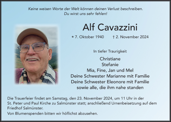 Traueranzeige von Alf Cavazzini von FZ