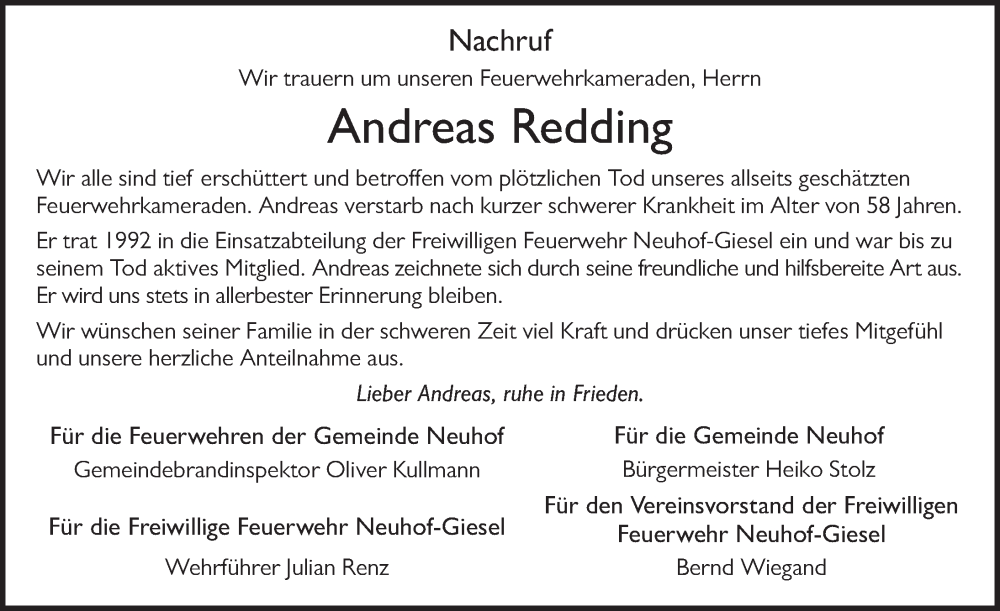  Traueranzeige für Andreas Redding vom 12.11.2024 aus FZ