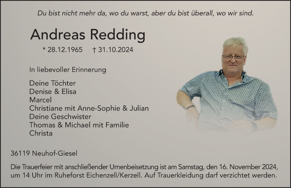  Traueranzeige für Andreas Redding vom 12.11.2024 aus FZ