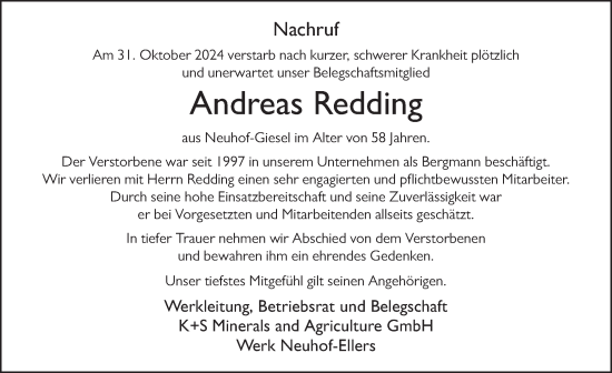 Traueranzeige von Andreas Redding von FZ