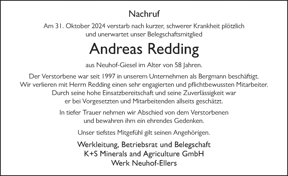  Traueranzeige für Andreas Redding vom 12.11.2024 aus FZ