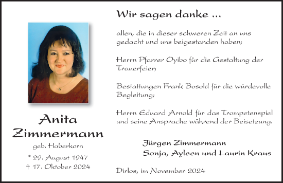 Traueranzeige von Anita Zimmermann von FZ