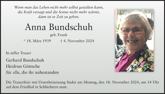 Traueranzeige von Anna Bundschuh von FZ