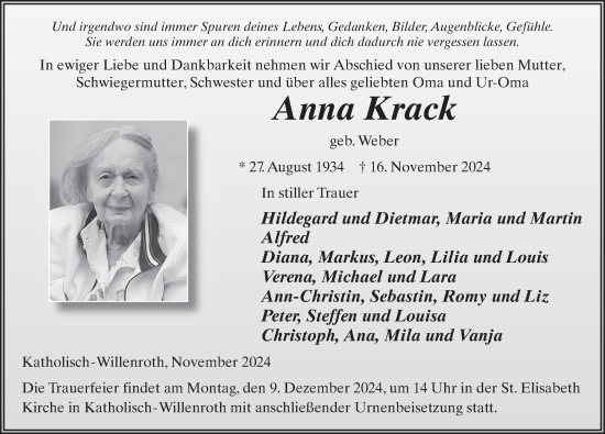 Traueranzeige von Anna Krack von FZ