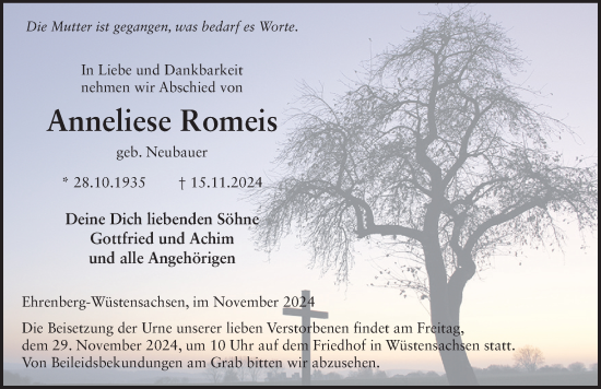 Traueranzeige von Anneliese Romeis von FZ