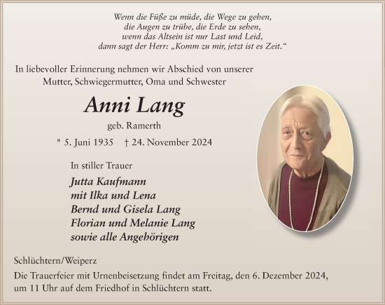 Traueranzeige von Anni Lang von FZ