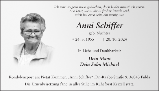 Traueranzeige von Anni Schiffer von FZ