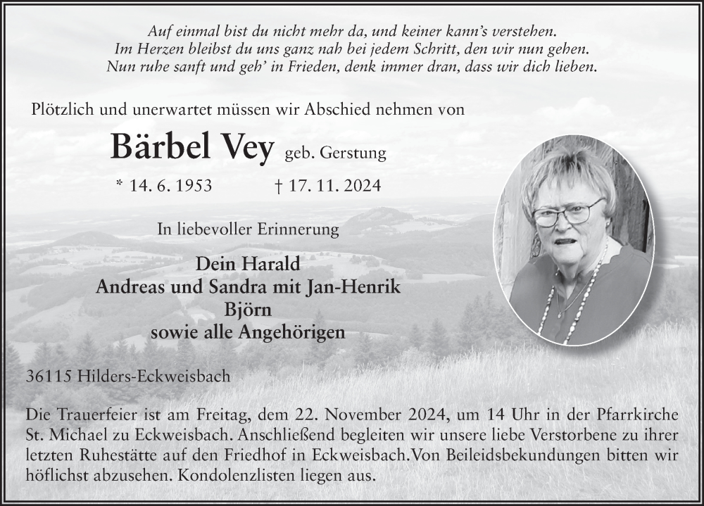  Traueranzeige für Bärbel Vey vom 20.11.2024 aus FZ