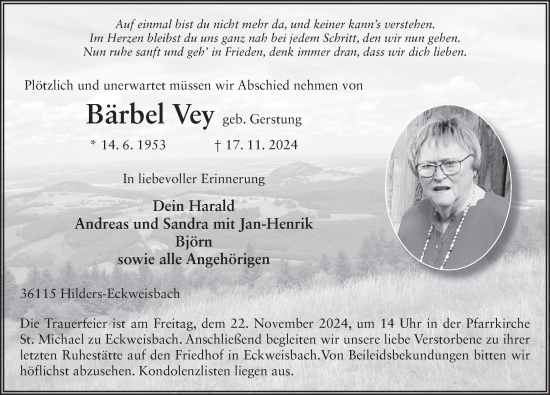 Traueranzeige von Bärbel Vey von FZ